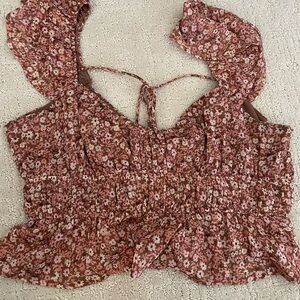 Altar'd State Floral Ruffle Blouse in Pink and Brown